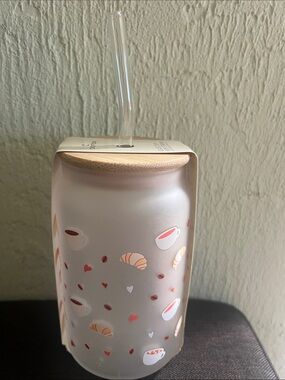 #2684*”Frosted Glass Breakfast Travel Cup with Beige Lid and Straw